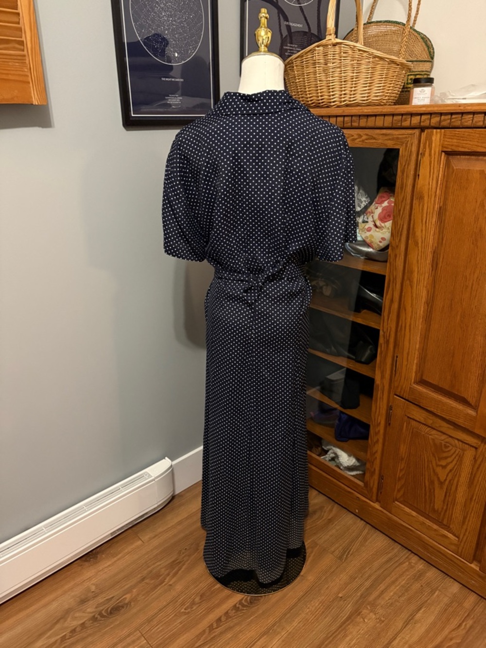 Vintage 90s Sheri Martin Polka Dot Maxi Dress | Navy Button Front Collared Dress - Picture 5 of 10